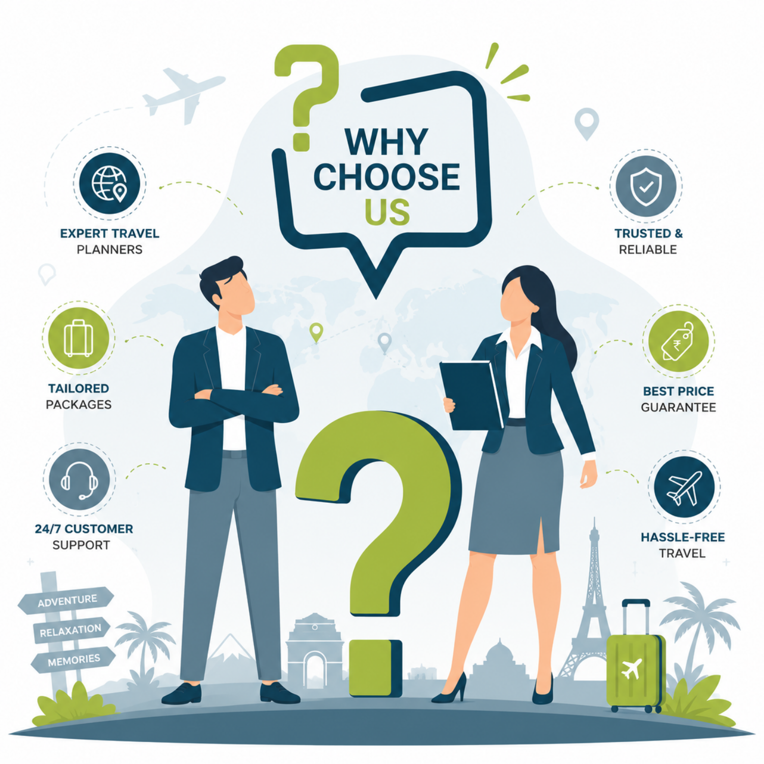 Illustration of a travel support team assisting a traveler